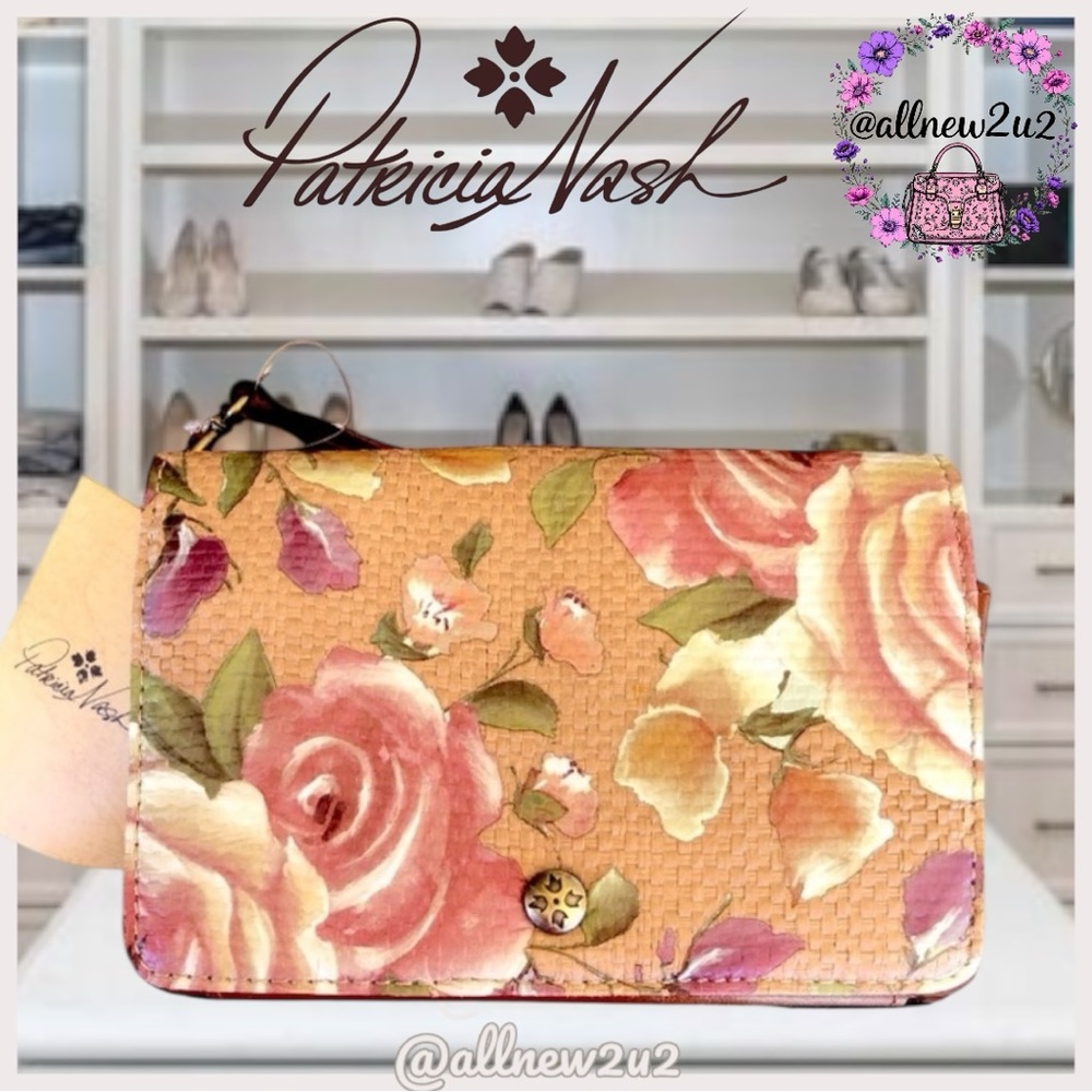 Patricia Nash Rose Garden Straw Crackled Rose Garden Crossbody Wristlet